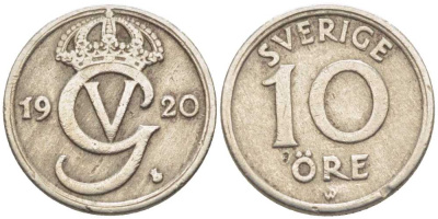Швеция 10 эре 1920 W, Густав V (1907-1950) KM 795 никель бронза 116-1159