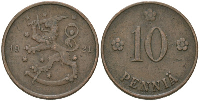 Финляндия 10 пенни 1921 H KM 24 медь 4615-336