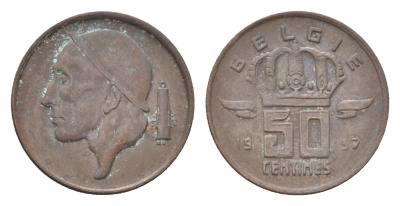 Бельгия 50 сантимов 1957 Belgie, Бодуэн I (1951-1993) KM 149 бронза 4705-255