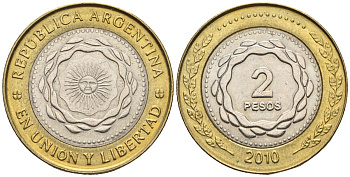 Аргентина 2 песо 2010 майское солнце KM 165, Schon 176, CJ 7.8.2 биметалл    60-841