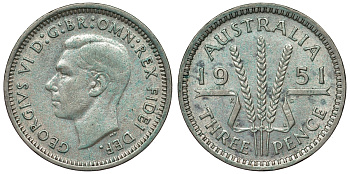 Австралия 3 пенса 1951 m, Георг VI (1937-1952), без букв KM 44 серебро 71-263