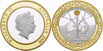 Австралия 10 долларов 2000 миллениум, серебро, позолота KM 511 биметалл PROOF 05-091-43