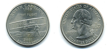 США 25 центов = квотер 2001 Р, серия штаты США, Северная Каролина KM 319 медь плакированная медно-никелем 4388-826