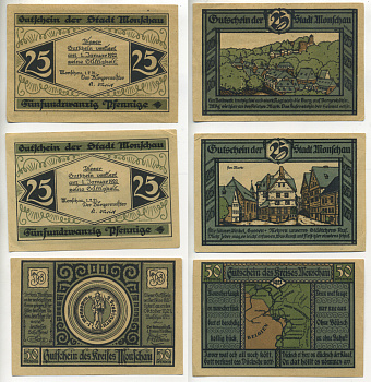 Германия, Моншау набор из 3 банкнот 1921 нотгельд, городские виды, 1.10.1921   бумага  UNC (пресс) 7555-9-4-2