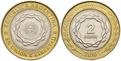 Аргентина 2 песо 2010 майское солнце KM 165, Schon 176, CJ 7.8.2 биметалл    60-841