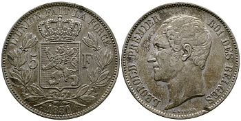 Бельгия 5 франков 1850 Леопольд I (1831-1865) KM 17 серебро 00-1067-3-43