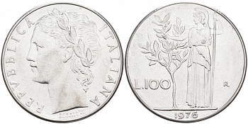 ИТАЛИЯ 100 ЛИР 1976 R, АФИНА KM 96.1 нержавеющая сталь 3855-821