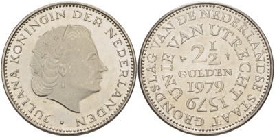 Нидерланды 2 1/2 гульдена 1979 400 лет Утрехтскому союзу, Юлиана (1949-1980) KM 197 никель 4683-541