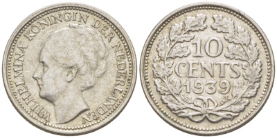 Нидерланды 10 центов 1939 Вильгельмина I (1890-1948) KM 163 серебро 4181-1233