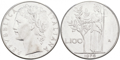 ИТАЛИЯ 100 ЛИР 1976 R, АФИНА KM 96.1 нержавеющая сталь 3855-821