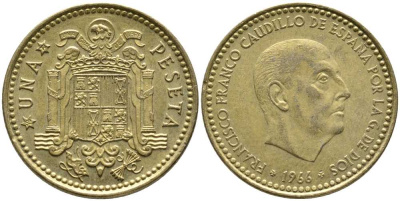 ИСПАНИЯ 1 ПЕСЕТА 1966 (72) ФРАНСИСКО ФРАНКО ДИКТАТОР ИСПАНИИ (1939-1975) KM 796 алюминиевая бронза 110-1215