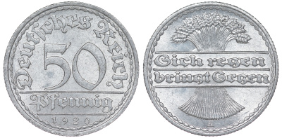 Германия 50 пфеннигов 1920 A KM 27, J. 301 алюминий 4163-313