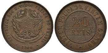 БРАЗИЛИЯ 20 РЕЙС 1900 РЕСПУБЛИКА (1889-1942) KM 490 бронза 4529-517