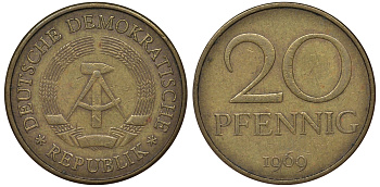 ГДР 20 пфеннигов 1969 А, первый год KM 11 латунь 62-1212