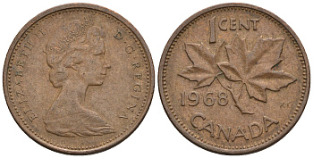 Канада 1 цент 1968 Елизавета II (1952-2022), кленовый лист KM 59.1 бронза 4609-133