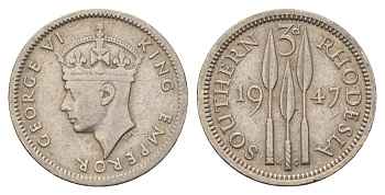 Южная Родезия 3 пенса 1947 Георг VI (1936-1952), год-тип KM 16b медно-никель 4396-1631