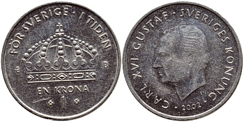 Швеция 1 крона 2002 Карл XVI Густав (1973- ) KM 894 медно-никель 4364-1253