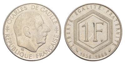 Франция 1 франк 1988 30 лет Пятой Республике, Шарль де Голль KM 963, Le Franc 227.2 никель 4543-117