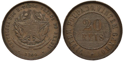 БРАЗИЛИЯ 20 РЕЙС 1900 РЕСПУБЛИКА (1889-1942) KM 490 бронза 4529-517