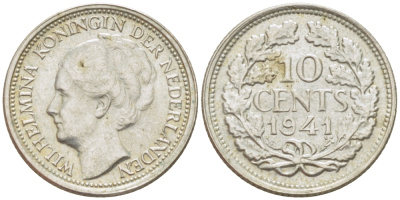 Нидерланды 10 центов 1941 Вильгельмина I (1890-1948) КМ 163 серебро aUNC 84-212
