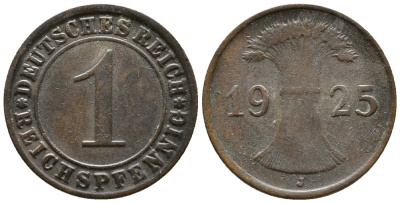 ГЕРМАНИЯ 1 РЕЙХСПФЕННИГ 1925 J KM 37, J. 313 бронза 39-916