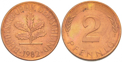 ФРГ 2 ПФЕННИГА 1982 J KM 106a, J.381a сталь плакированная сталь плакированная медьюю 4396-1614