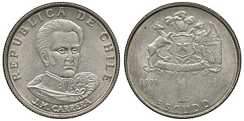 Чили 1 эскудо 1971 Хосе Мигель Каррера KM 197 медно-никель 4118-236