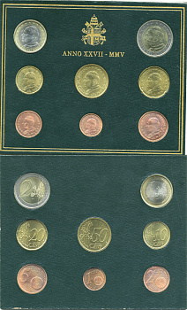 Ватикан евронабор из 8 монет 2005 Папа Иоанн Павел II, в оригинальном буклете KM MS 111 биметалл UNC 5-6-2-68