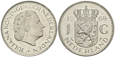 Нидерланды 1 гульден 1968 Юлиана (1948-1980) KM 184a никель UNC 4579-517