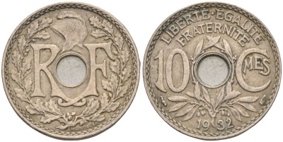 Франция 10 сантимов 1932 тип Lindauer KM 866а, Le Franc 138.19 медно-никель 4126-634