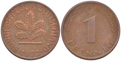 ФРГ 1 ПФЕННИГ 1972 J KM 105, J. 380 сталь плакированная медью 4547-1132