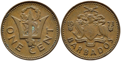 Барбадос 1 цент 1973 сломанный трезубец Британии KM 10 бронза 4396-1248
