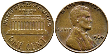 США 1 ЦЕНТ 1964 D, ЛИНКОЛЬН KM 201 медь цинк 37-221