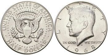 США 1/2 доллара (50 центов) 1968 D, Джон Кеннеди KM 202a серебро  UNC  4178-1022