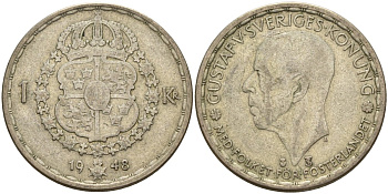 Швеция 1 крона 1948 TS, Густав V (1907-1950) KM 814 серебро 4148-1054