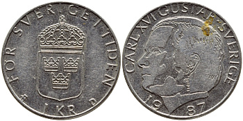 Швеция 1 крона 1987 Карл XVI Густав (1973- ) KM 852a медно-никель 4397-1153
