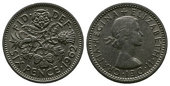 Великобритания 6 пенсов 1962 Елизавета II (1952-2022) KM 903, Spink 4149 медно-никель 4381-747