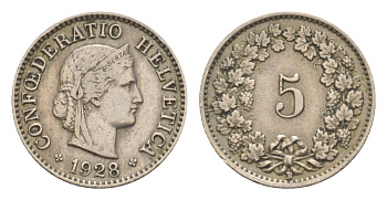 Швейцария 5 раппенов 1928 B KM 26 медно-никель 4630-1125