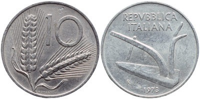 ИТАЛИЯ 10 ЛИР 1973 R, ПЛУГ, КОЛОСЬЯ KM 93 алюминий 4397-527