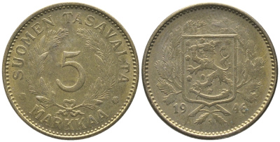 ФИНЛЯНДИЯ 5 МАРОК 1946 S KM 31а латунь 34-114