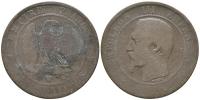 Франция 10 сантимов 1856 W, Наполеон III (1852-1870) KM 771.7, Le Franc 133.38 бронза 51-2336