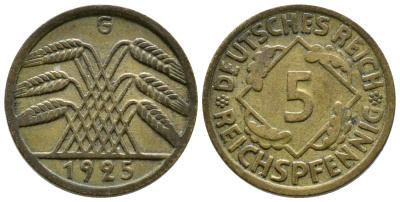 ГЕРМАНИЯ 5 РЕЙХСПФЕННИГОВ 1925 G, KM 39, J. 316 алюминиевая бронза 80-741