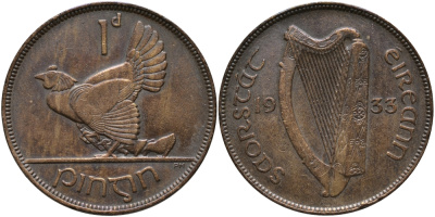 Ирландия 1 пенни 1933 курица с цыплятами KM 3 бронза 650-1642