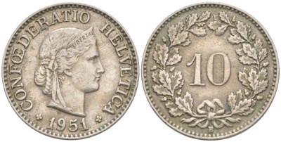 ШВЕЙЦАРИЯ 10 РАППЕНОВ 1951 В KM 27 медно-никель 55-233