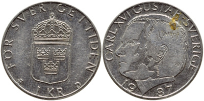 Швеция 1 крона 1987 Карл XVI Густав (1973- ) KM 852a медно-никель 4397-1153