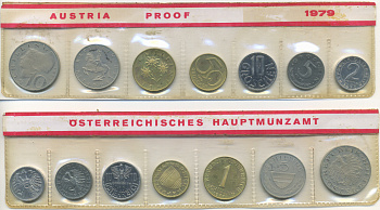 Австрия набор из 7 монет  1979  2, 5, 10, 50 грошей, 1, 5, 10 шиллингов, в целлофане KM PS 39 PROOF 4399-7-2