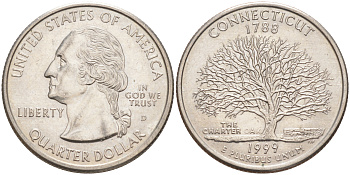 США 25 центов = квотер 1999 D, серия штаты США, Коннектикут KM 297 медь плакированная медно-никелем 4114-137
