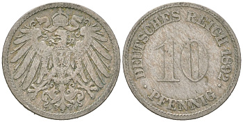 Германия 10 пфеннигов 1892 F, Вильгельм II (1888-1918) KM 12, J. 13 медно-никель 4615-743