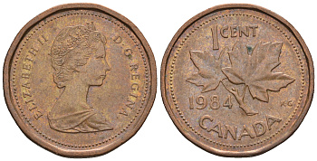 Канада 1 цент 1984 Елизавета II (1952-2022), кленовый лист KM 132 бронза 4609-213