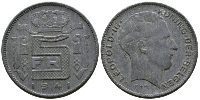 БЕЛЬГИЯ 5 ФРАНКОВ 1941 BELGEN, ГЕРМАНСКАЯ ОККУПАЦИЯ , ВТОРАЯ МИРОВАЯ ВОЙНА KM 130 цинк 179-827